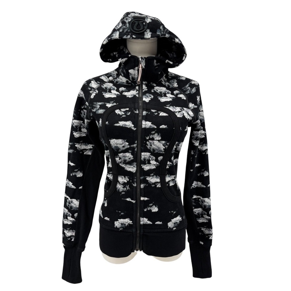 Lululemon Scuba Hoodie Womens Size 4 Black Abstract Full Zip Fleece Jacket Logo‎